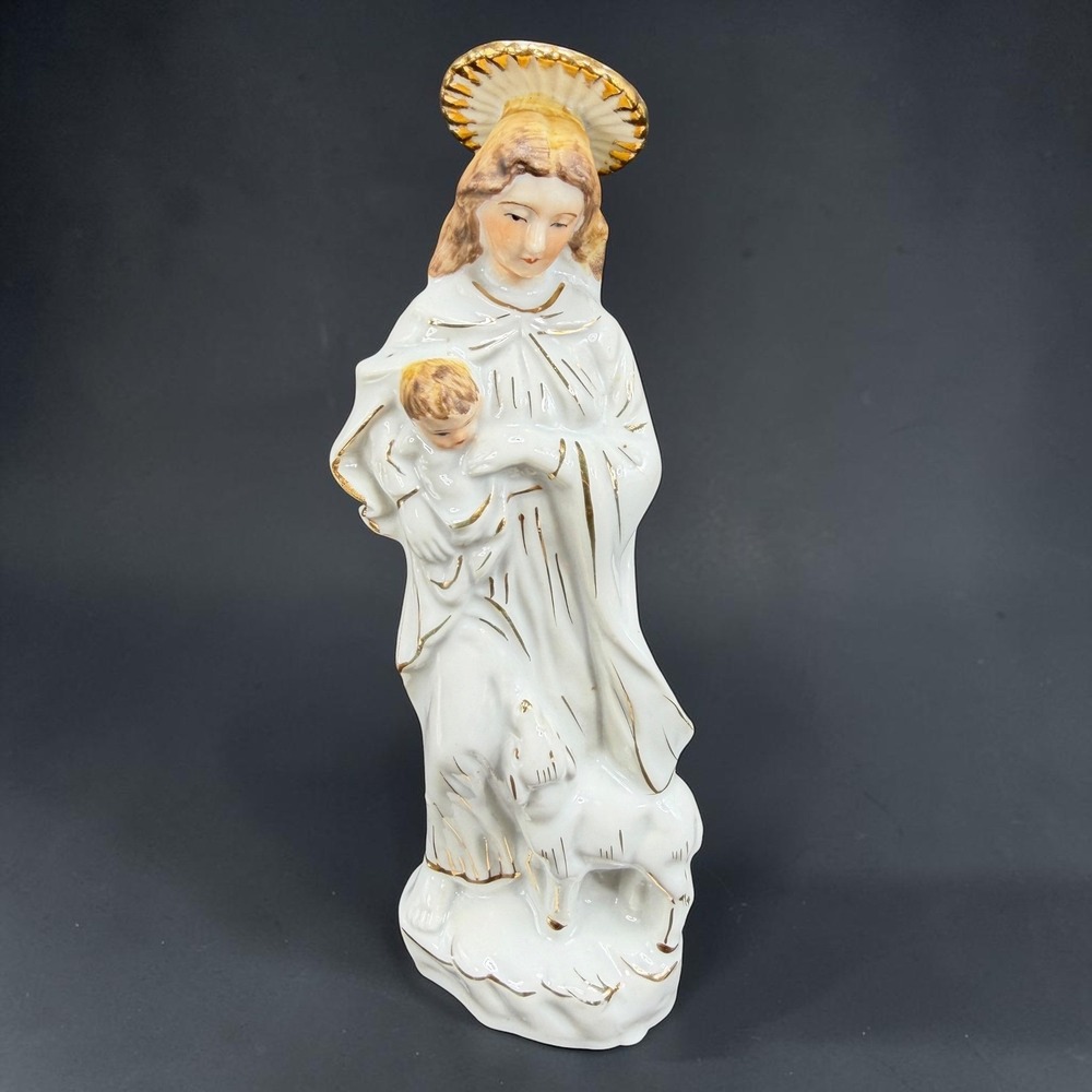 Vintage Paulux China Japan Porcelain Madonna Child Lamb Figurine Gold Gilt 7in